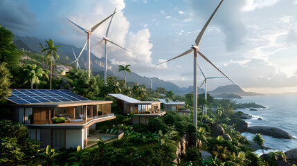 An eco-resort featuring wind turbines and solar panels amidst tropical surroundings.