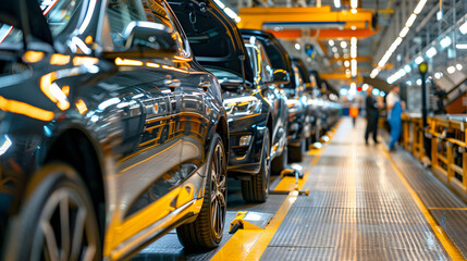 An electric car manufacturing plant assembly lines filled with modern vehicles.