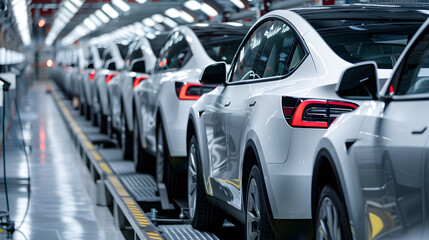 An electric car manufacturing plant assembly lines filled with modern vehicles.