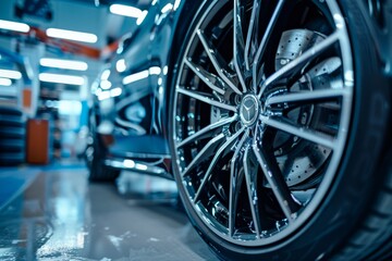 Fototapeta premium Close-Up of Luxury Car Wheel in a Modern Workshop
