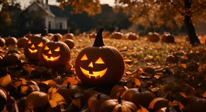 Spooky halloween scene with glowing jack o' lanterns and carved pumpkins on the ground covered in colorful autumn leaves