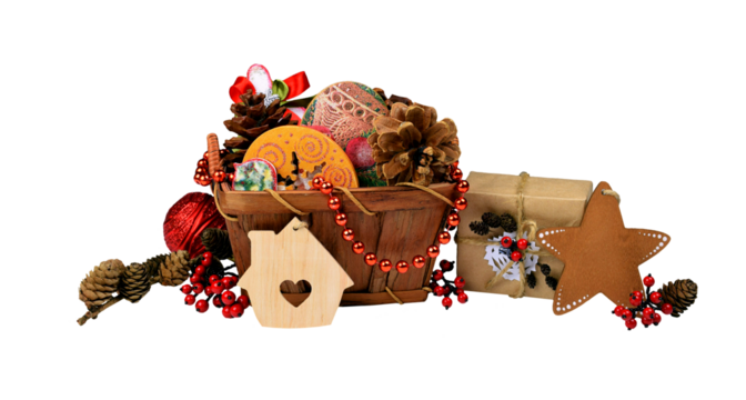 gift box and wooden reindeer. New Year.isolated on transparent,png. Fashionable gift.