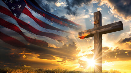 American Flag and Cross at Sunset