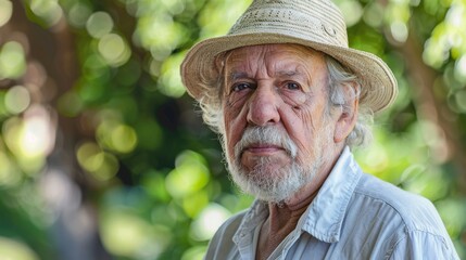 A portrait of an elderly man wearing a straw hat outdoors