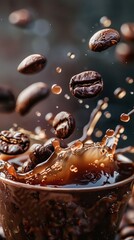 Coffee beans splashing into coffee
