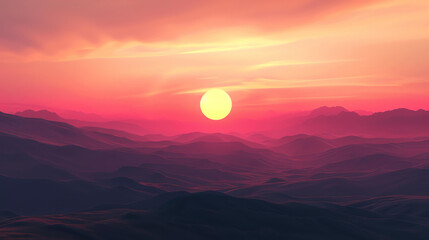 The setting sun casts a pink and purple glow over the desert mountains.