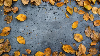 Obraz premium Yellow leaves on grey table in autumn frame