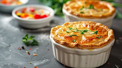  A couple of pies on a table, next to a bowl of salad