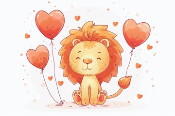 Cute Lion with Heart Balloons Illustration
