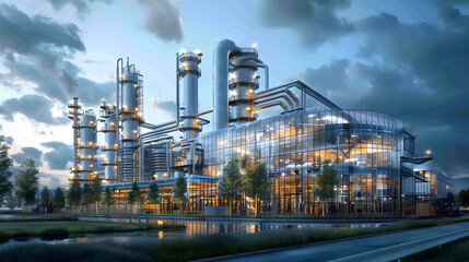 Expansive Industrial Complex with Dramatic Twilight Skyline and Reflecting Pool