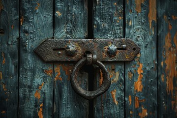 Aged Wooden Door with Vintage Metallic Door Knocker