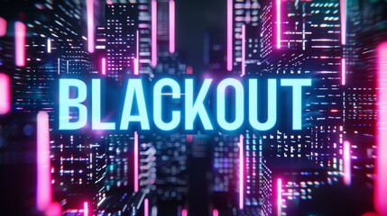 Obraz premium Neon blue BLACKOUT text on a black background, dark futuristic city behind it, cyberpunk aesthetic, dramatic shadows and cinematic lighting, hyper-realistic and intense