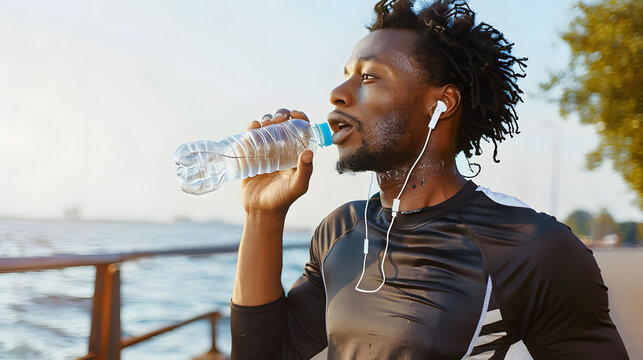 Stylish Afro-American male runner drinking water out of plastic bottle after cardio workout, wearing white earphones. Sportsman in black sportswear hydrating during outdoor training.