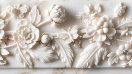 Refined white marble panel with intricate flower silhouettes, a graceful feather design, and a shimmering butterfly, capturing the essence of natural elegance