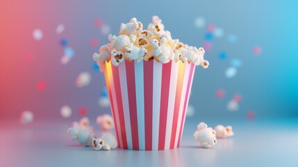 Reflective 3D movie popcorn icon, neon lighting enhancing the shiny striped bucket, vibrant colors, and glossy surface, lively and fun appearance