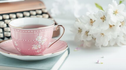 Shabby chic floral decor, classic tea cup, antique books, vintage typewriter, and stylish dress clipart, isolated on white background, rustic and romantic vibe