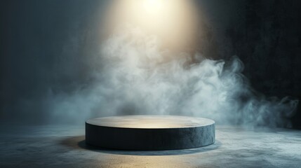 Smoky dark stage with a black podium, spotlight illuminating the platform, abstract texture of the floor and concrete wall, ideal for an empty night room product display