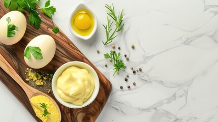 A white marble surface with fresh parsley, mustard, mayonnaise, and a boiled egg