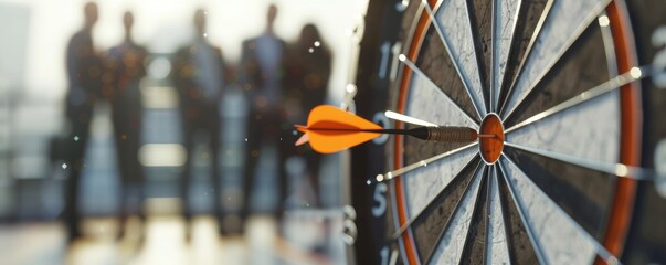 Dart hitting bulls-eye on dartboard with blurred business professionals in background, teamwork and focus concept