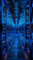 Vibrant Panoramic View of Hi Tech Data Center Illuminated by Futuristic Blue LED Lighting