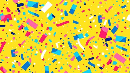 Obraz premium A jubilant explosion of colorful abstract shapes and confetti dominates a bright yellow background, creating a playful and festive atmosphere.