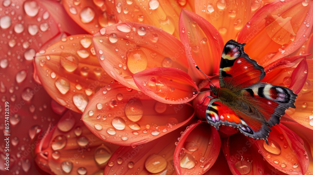 Wall mural  A tight shot of a butterfly atop a flower, surrounded by water-speckled petals and dripping water drops