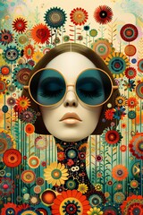 illustration of a flower power woman with sunglasses surrounded by flowers in the style of the 60s