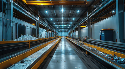 The inside of a perfectly organized recycling facility, different recycling stations, very clean, bright, modern. Generative AI.