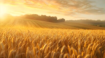 Obraz premium Picturesque Wheat Field Bathed in Soft Golden Light of Sunset Serene Rural Landscape with Vibrant Colors and Hyper Textures