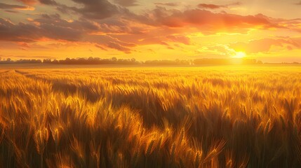 Obraz premium Peaceful rural scene of golden wheat field at sunset with vibrant colors and rich textures