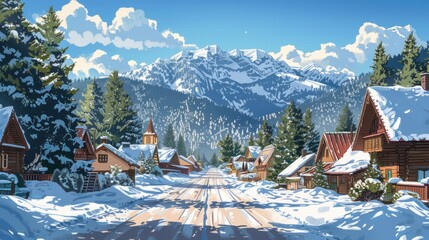 A picturesque winter village, snow-covered houses and majestic mountains in the background, creating a serene holiday atmosphere.