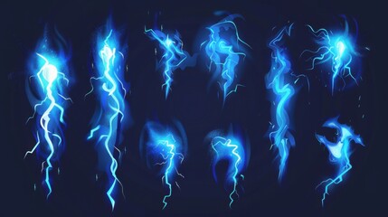 Fototapeta premium A set of 9 blue electric lightning bolts with different forms and sparks, glowing on a dark blue background.