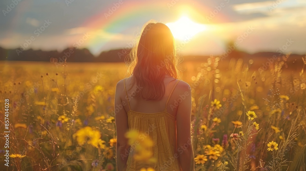 Wall mural  A woman poses in a sunlit yellow flower field, framed by a rainbow arch in the backdrop