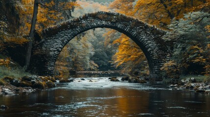  An old stone bridge spans a river, surrounded by trees with yellowing leaves Rocks dot the water below