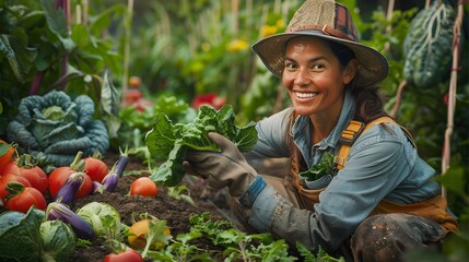Joyous Gardener Harvesting Vibrant Vegetables from Rich Patch with a Smile