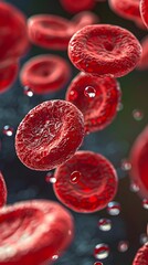 Highly detailed microscopic perspective of vibrant red blood cells against a soft focus backdrop of water droplets for medical documentation