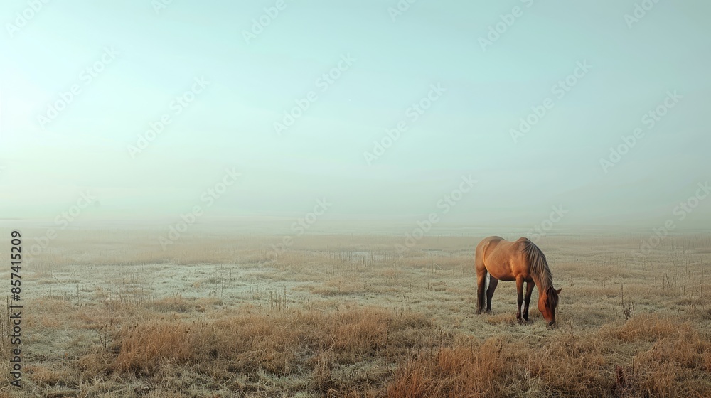 Canvas Prints  A horse grazes in a foggy field, among dried grasses, midday