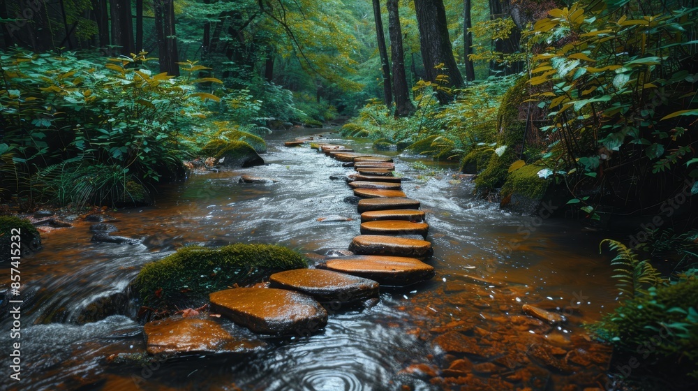 Wall mural  A group of stones juts from a forest stream, serving as stepping stones amidst lush greenery Surrounded by an abundance of verdant plants and trees