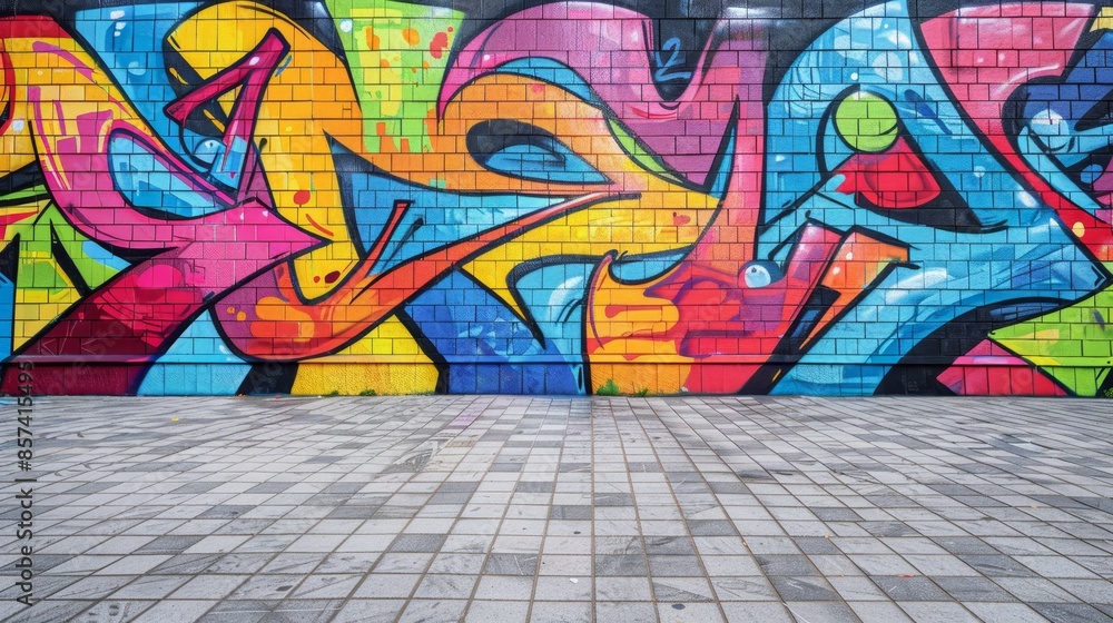 Canvas Prints  Person passes by brick wall adorned with graffiti, carrying skateboard