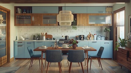 A chic mid-century modern kitchen featuring blue, purple, and hazel-colored kitchen cabinets, grounded by a wooden dining table.