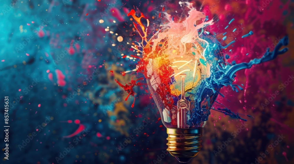 Poster a light bulb explodes in a burst of vibrant colors, creating a dynamic and artistic composition.