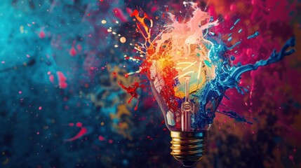 A light bulb explodes in a burst of vibrant colors, creating a dynamic and artistic composition.