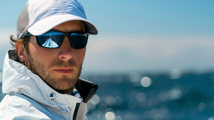 Portrait of a sailor while crossing the ocean on a yacht, ocean yacht regatta participant, harsh work in the ocean, sailing competition, copy space concept