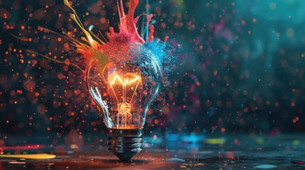 A lit light bulb is enveloped in an explosion of vibrant red, blue, and yellow paint splashes, creating a dynamic and energetic composition.