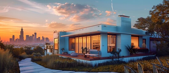 Unique suburban Beaux-Arts-style home with a light blue facade, city skyline view, sunrise,