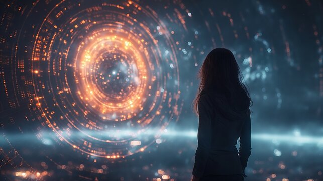 A woman stands mesmerized by a swirling vortex of fiery digital patterns, symbolizing the infinite possibilities within the digital realm.