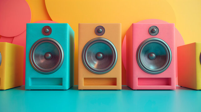 Altavoces coloridos en fondo amarillo y azul