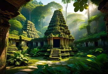 lush jungle concealing ancient temple ruins among dense foliage, hidden, tropical, overgrown, mysterious, vegetation, greenery, civilization, architecture, sacred