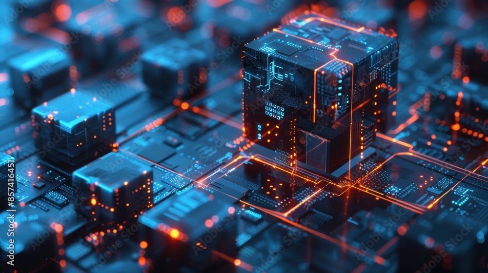 Poster a 3d rendering of a futuristic cyberpunk circuit board with glowing orange lines, featuring a promin