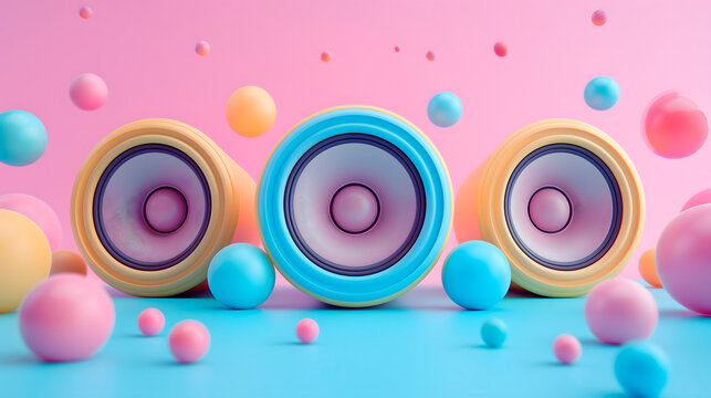 Altavoces coloridos en fondo amarillo y azul